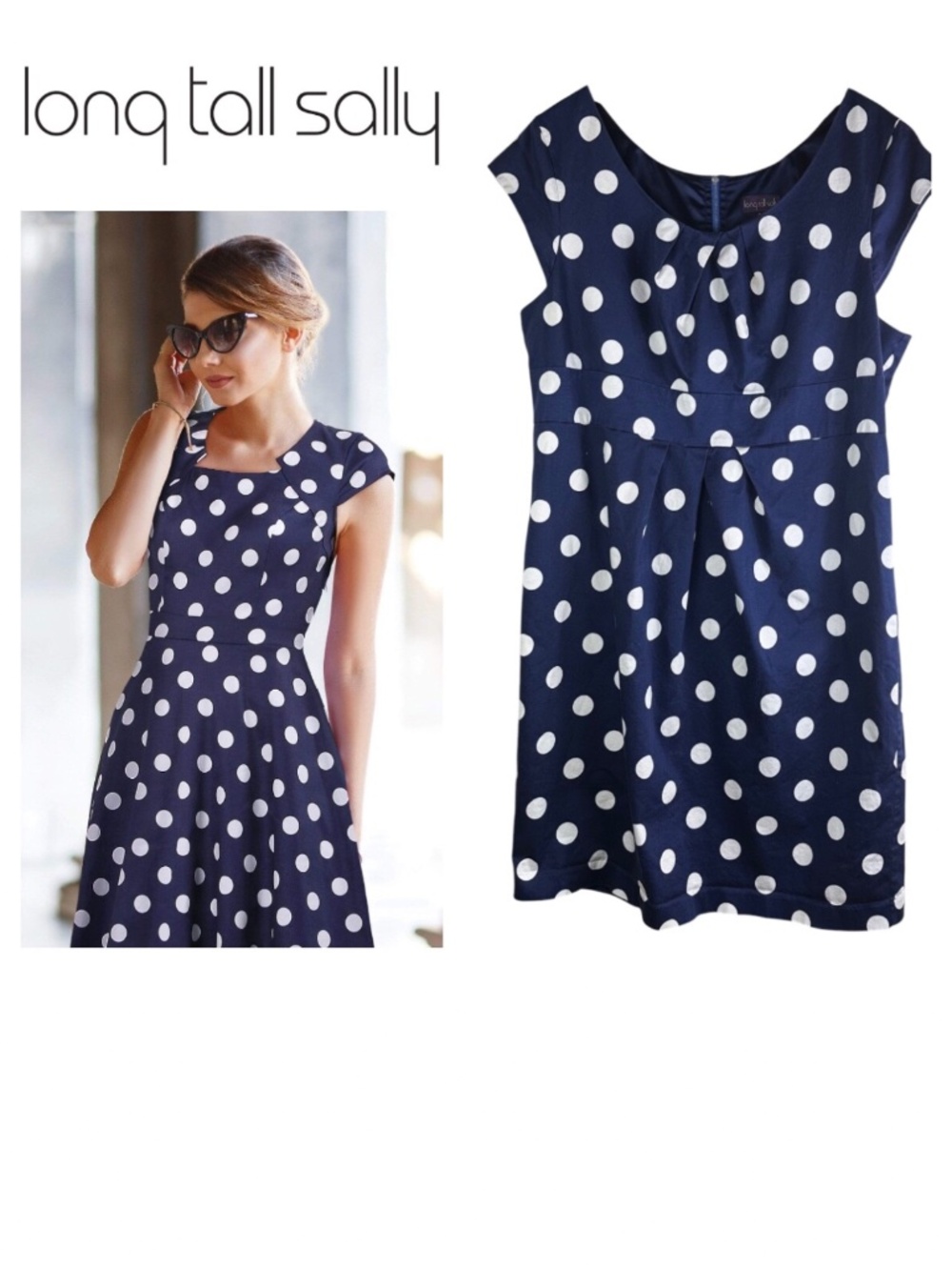 Long Tall Sally 18 1X 2X Sheath Dress Polka Dot Navy Blue White Coastal Career